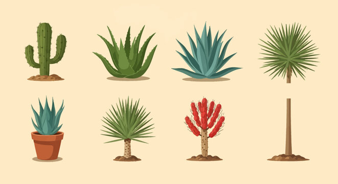Collection of desert plant vector illustrations featuring saguaro cactus, aloe vera, blue agave, yucca palm, potted succulent, and flowering arid flora icons on a beige background.