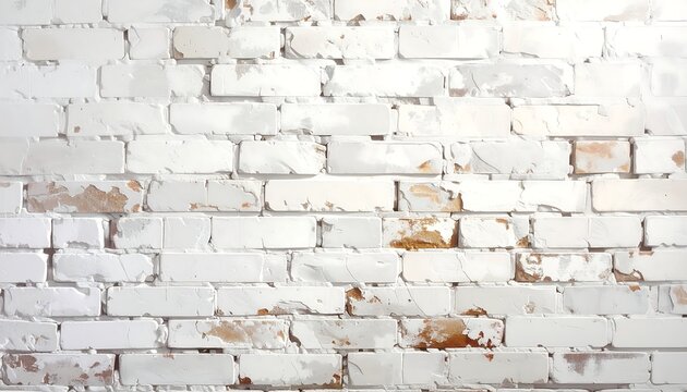 A whitewashed brick wall with peeling paint and exposed brown surfaces