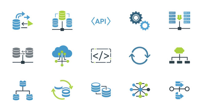 Cloud Computing, Database & API Technology Icons: Data Flow, Network Sync, Coding