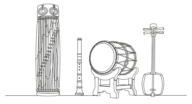 Japanese Traditional Musical Instruments Line Art Drawing