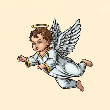Vintage woodcut style illustration of a flying baby angel or cherub featuring curly brown hair, a golden halo, large white feathered wings, and a white robe with gold trim.