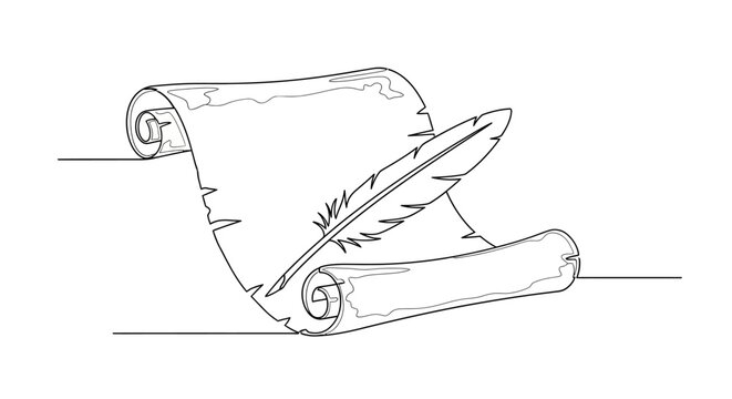 Antique scroll with feather quill pen, vintage writing tool, historical document illustration