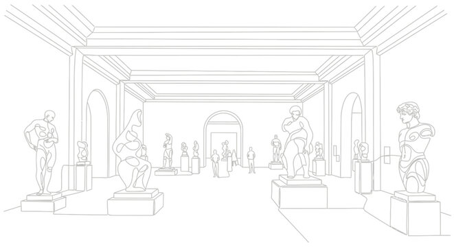 Sketch of a classical art museum gallery with sculptures and architectural details