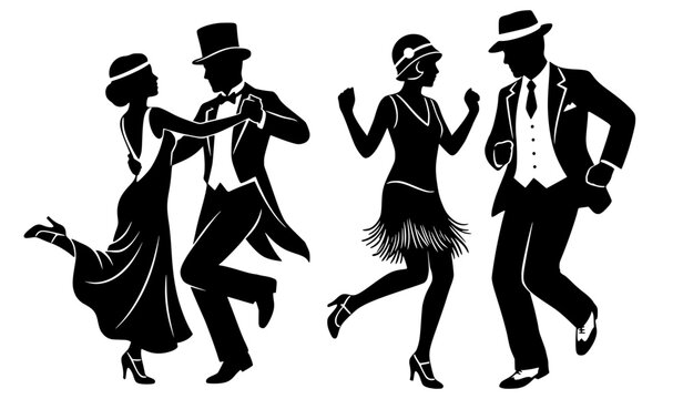 Minimalist vector silhouettes of two couples dancing in 1920s fashion. This high-contrast black design features flapper dresses and formal tuxedos, capturing the energy of the Jazz Age.