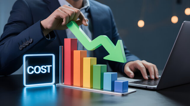 Businessman analyzing decreasing cost graph on laptop with downward arrow