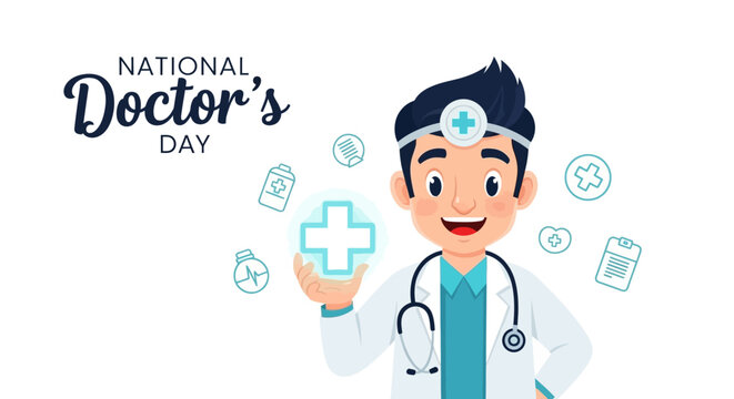 Illustration of a smiling doctor on National Doctor's Day with a stethoscope and medical icons floating around, conveying a healthcare hero concept with a professional and appreciative mood.