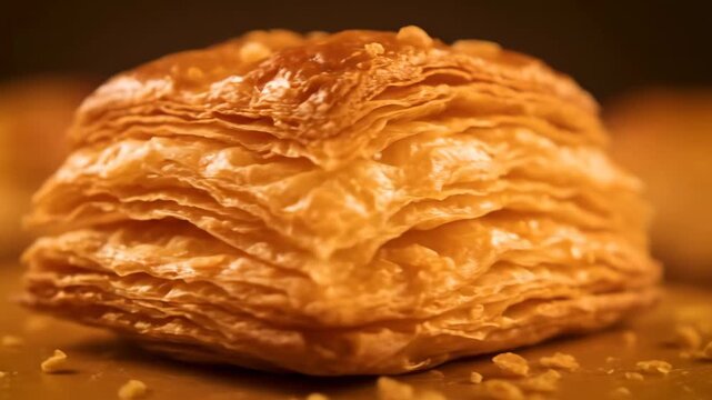 Extreme close-up macro shot of golden flaky puff pastry showcasing its delicate layered texture and crispy crust on a warm background