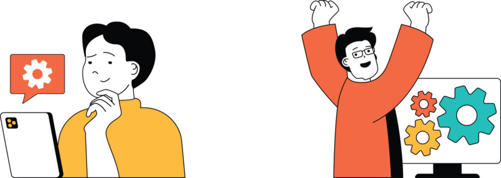 Two individuals express contrasting reactions to technology troubles and successful solutions involving gear icons and computers