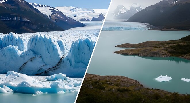 A split view showing the majestic perito moreno glacier and a serene turquoise glacial lake scene