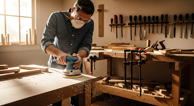 Skilled carpenter meticulously smoothing timber surface with an orbital electric sander in a rustic woodworking workshop during golden hour afternoon light.