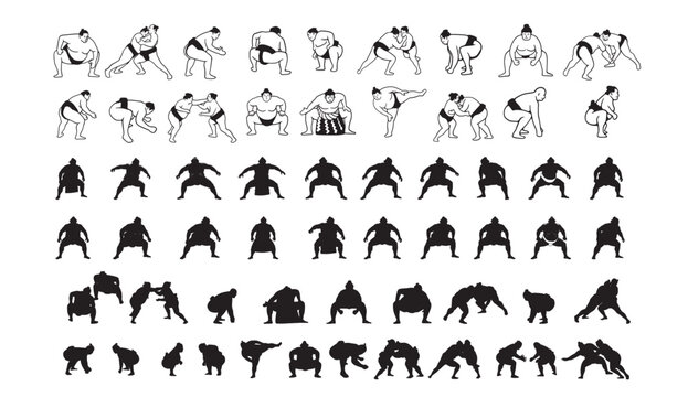 A collection of various sumo wrestling poses and silhouettes on a white background
