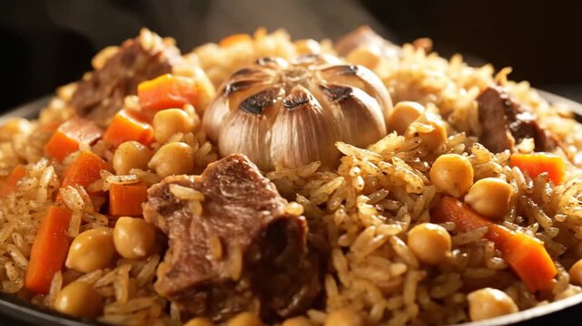 Close-up of steaming traditional uzbek plov (pilaf) with lamb, rice, carrots, chickpeas, and whole roasted garlic head, emphasizing texture and warm lighting.
