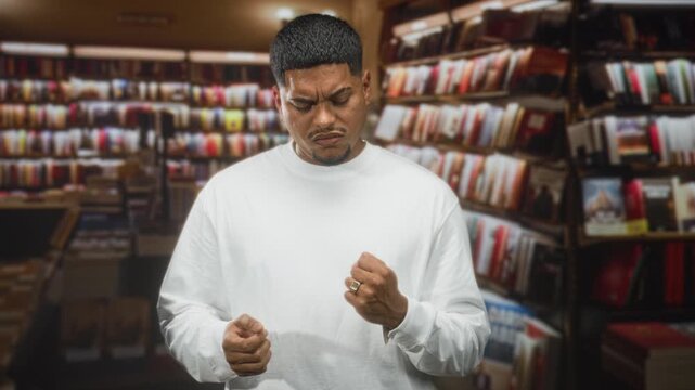 Hispanic man counts on fingers while inspecting ring with furrowed brow in bookstore; confusion reflection.