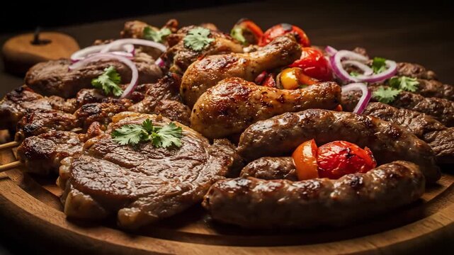 Assorted grilled meat platter close-up: juicy bbq chicken drumsticks, beef steaks, pork skewers, and sausages garnished with red onions and cilantro on a rustic wooden board.