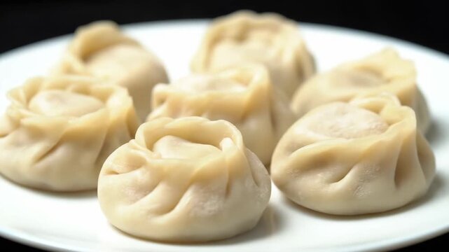 Close-up of traditional steamed dumplings (manti or momo) served hot on a white plate against a dark background, highlighting texture and culinary detail.