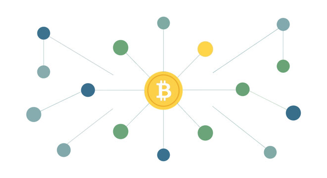 Abstract digital representation of Bitcoin cryptocurrency network A stylized flat design depicting a financial decentralized system with coin at the center connecting nodes, ideal for blockc