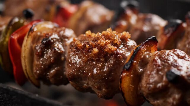 Extreme close-up of juicy meat and vegetable shish kebab grilling over hot coals on a bbq, showing delicious glaze, charred edges, and sizzling smoke.