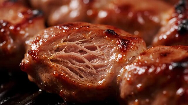 Extreme close-up of grilled glazed pork sausage or meat skewer piece on barbecue grill revealing juicy fibrous texture inside.