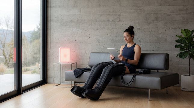 Professional athlete using compression recovery boots and red light therapy at home