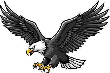 Obraz premium Stylized bald eagle illustration in flight with wings spread, talons extended, white head, yellow beak, dark feathers, powerful freedom symbol