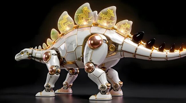 AI Data Fortress Concept: Rigid Mechanical Stegosaurus in Kintsugi White Porcelain and Imperial Jade, 3D Professional VFX Asset, Isolated 4K Stable Render on Black