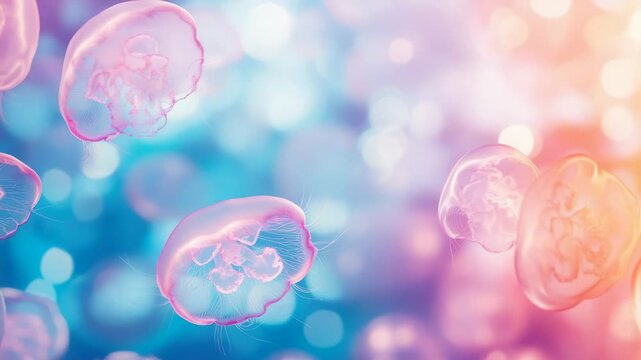 Dreamy Jellyfish: Translucent jellyfish float gracefully amidst a soft, ethereal backdrop of bokeh lights, creating a mesmerizing underwater ballet. 
