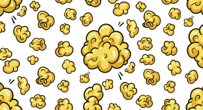 Stylized golden popcorn kernels scattered against a clean white backdrop creating a cheerful food illustration for various digital media projects