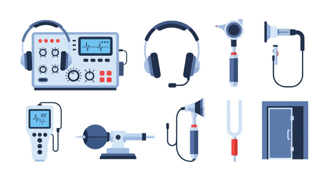 Audiology Equipment Set: Hearing Test Devices, Otoscope, Tuning Fork, Headphones