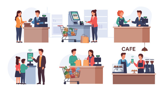 People engaging with modern retail and cafe services showcasing diverse shopping and payment experiences across various commercial environments