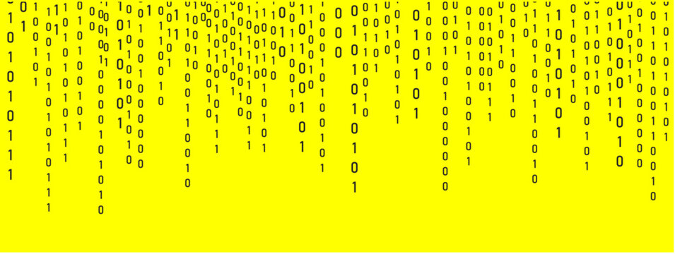 Binary Rain background. Hacker code and falling numbers on computer. Dynamic light effect and data flow. Programming symbols on futuristic yellow backdrop. Vector illustration.