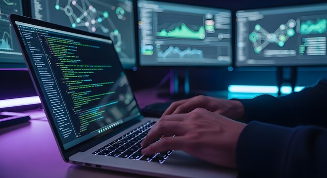Close-up of hands typing on laptop with glowing code on screen, dark room, programmer workspace, cybersecurity concept, neon lighting, ultra HD, sharp focus