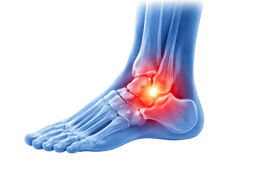 Human foot skeleton with glowing ankle joint pain inflammation detailed bone structure tendons ligaments fracture injury isolated on white background