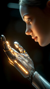 A futuristic humanoid robot gently holds a glowing orb in its hand, symbolizing technology and innovation
