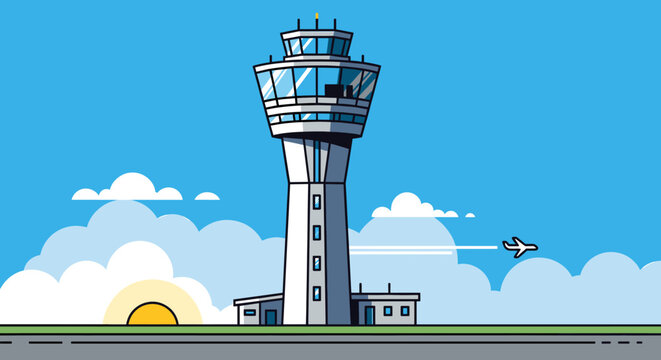 An illustrated airport control tower with a plane flying in the sky during sunrise or sunset, depicting air traffic management and aviation.