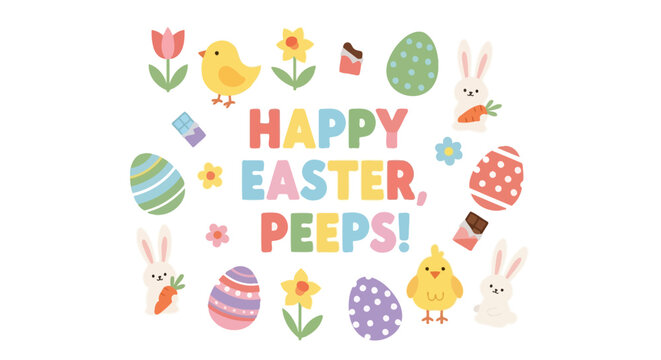 Happy Easter Peeps! Cute Bunnies, Chicks, Eggs, Flowers and Candy Decorations