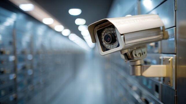 Security Camera Monitoring Bank Vault Area with Numerous Safety Deposit Boxes in Modern Facility for Asset Protection and Surveillance Purposes