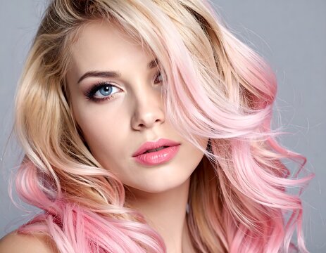 A woman with striking blue eyes and dyed pink hair