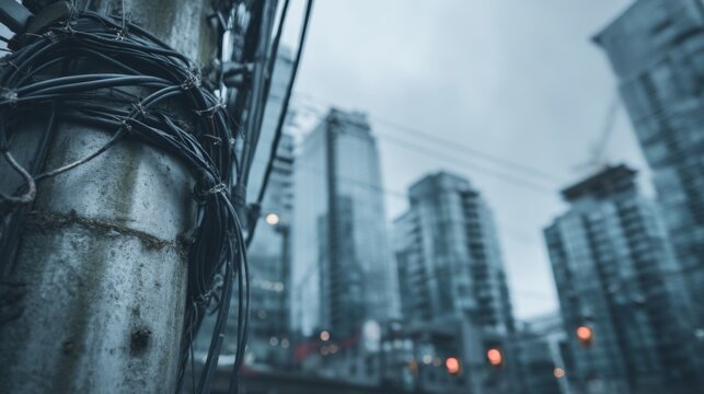 Urban Landscape Featuring Telephone Pole with Power Cables Against a Backdrop of Modern High-Rise Buildings Under Gloomy Sky Conditions