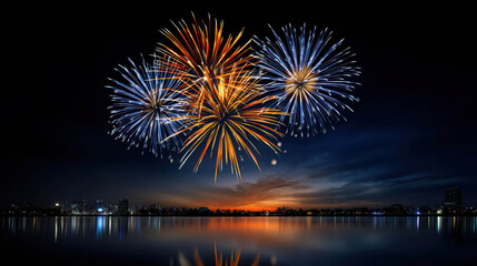 Fototapeta premium Fireworks light up the night sky over a tranquil lake, reflecting on the water below, with city skyline