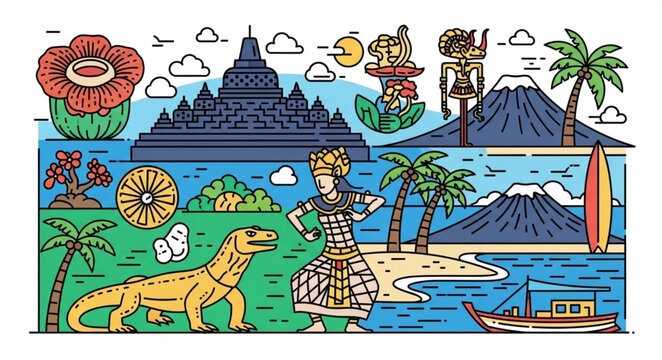 Vibrant Indonesian Culture and Nature Illustration with Landmarks and Wildlife.