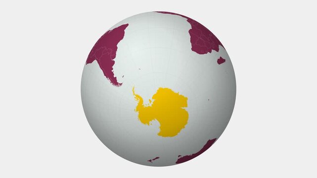 Antarctica map. Animated zoom into the country on the Globe in Pale Mint Dark Pink color palette. Country logo animation with round text and airplanes. Map with meridians, parallels. Modern video.