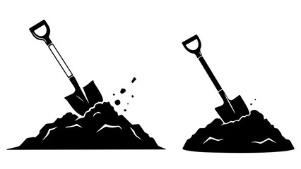 Industrial shovel digging into dirt pile silhouettes construction and gardening tools set. © MehediHasan