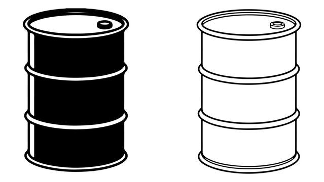 Industrial metal barrel icon set black and white, oil drum or storage container.