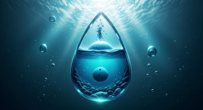 Abstract illustration of a water droplet with underwater elements and light
