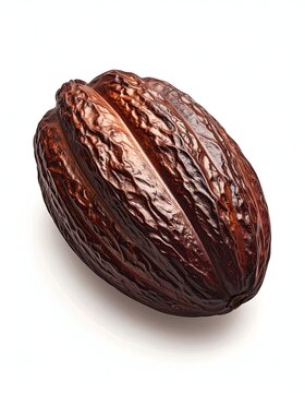 Single cocoa pod isolated on white background, ready for chocolate making.
