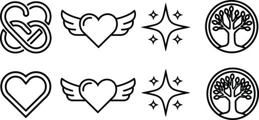 Fototapeta premium Collection of heart and tree symbols with wings and sparkles