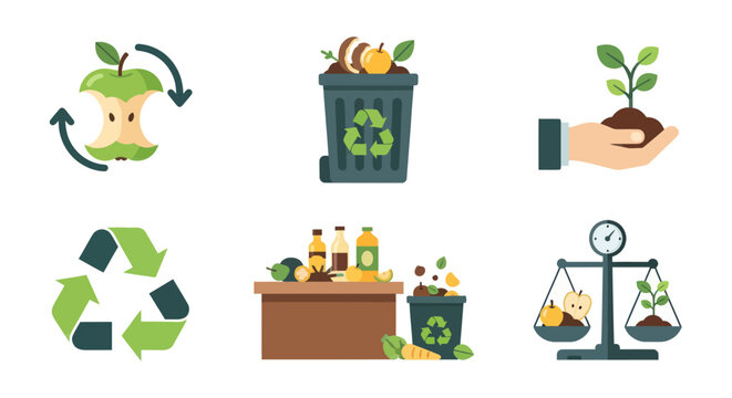Composting Icons Set: Apple Core, Bin, Sprout, Recycle Symbol, Kitchen Waste, Scale