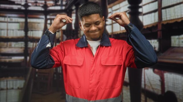 Man in red work uniform adjusting earplugs with hands inside industrial storage building; concentration readiness safety.