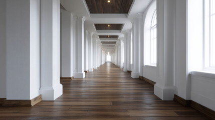 Fototapeta premium A perspective view of a long hallway with white columns and wooden floorboards, leading towards natural light