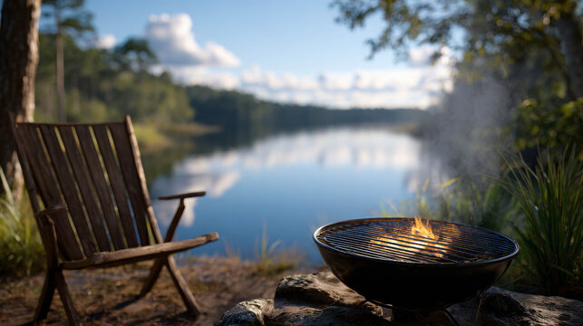A serene lakeside scene with a chair, fire, and water view, evoking tranquility and leisure. The scene features a cozy fire pit and a wooden chair positioned near calm lake water